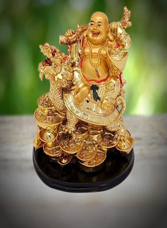 GJ Golden Laughing Buddha with Dragon & Coins Statue | Feng Shui Wealth & Prosperity Idol for Home & Office | Lucky Buddha Showpiece for Vastu Decor & Gift - Image 3